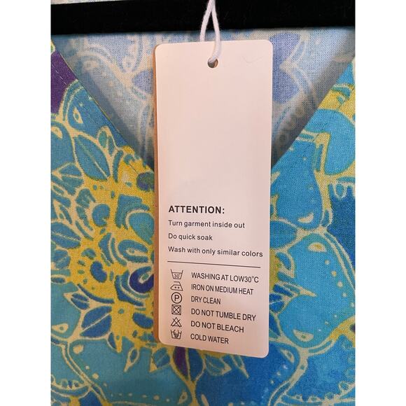 NWT Tendency Dress Size Large Short Sleeve Floral Geometric Blue Yellow V Neck - Picture 5 of 10